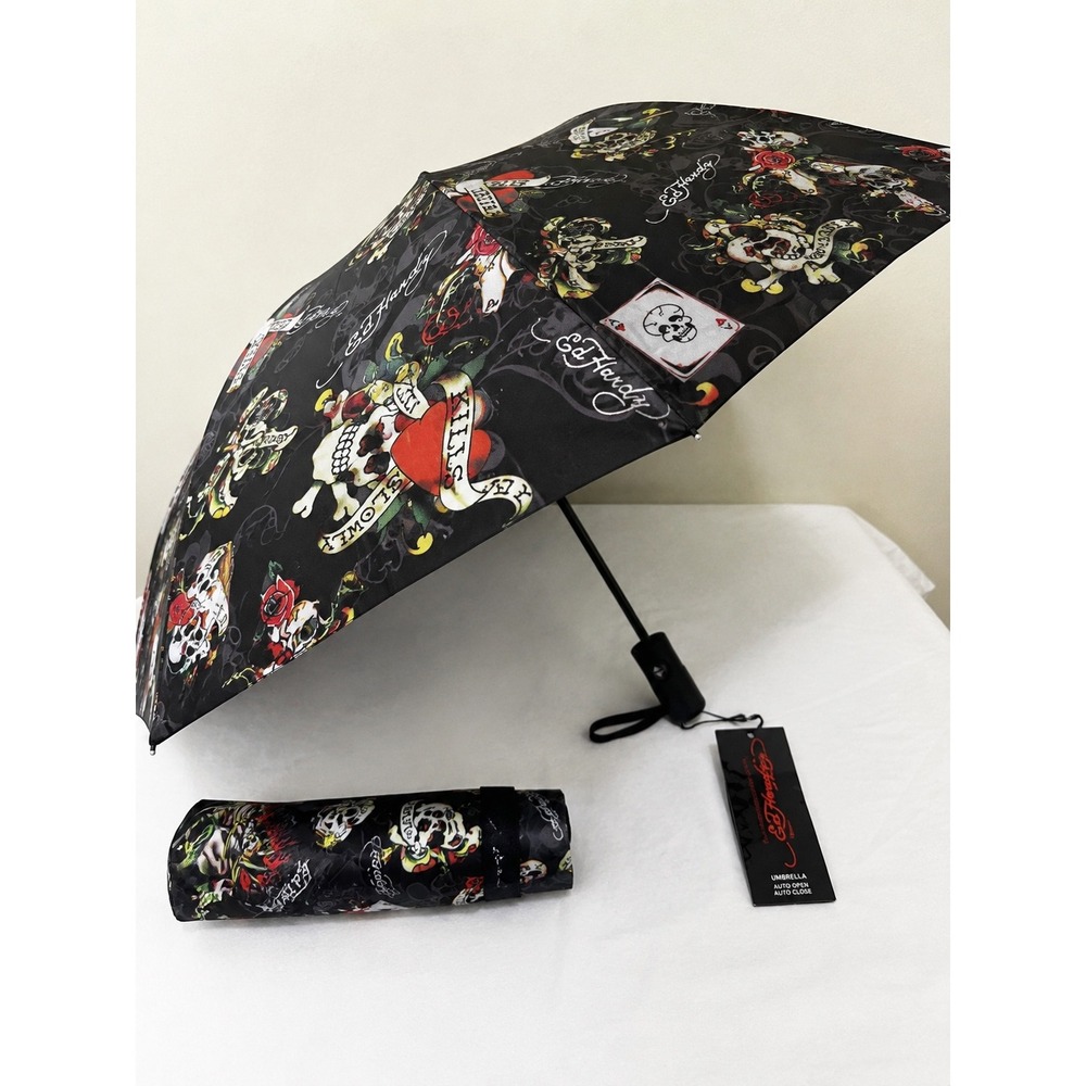 Ed Hardy Umbrella Love Kills Slowly Skull Heart Tattoo Print NWT Auto Open Y2K